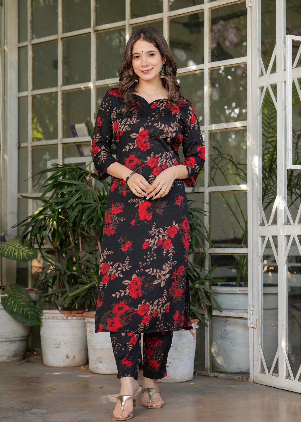Black Floral Printed Silk Blend Salwar Suit for Women