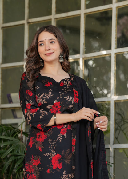 Black Floral Printed Silk Blend Salwar Suit for Women