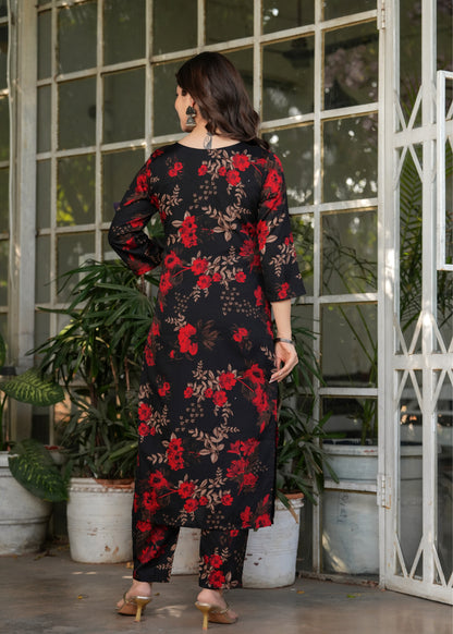 Black Floral Printed Silk Blend Salwar Suit for Women