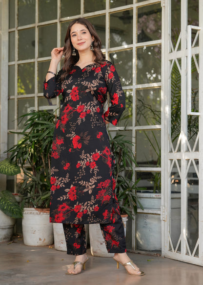 Black Floral Printed Silk Blend Salwar Suit for Women
