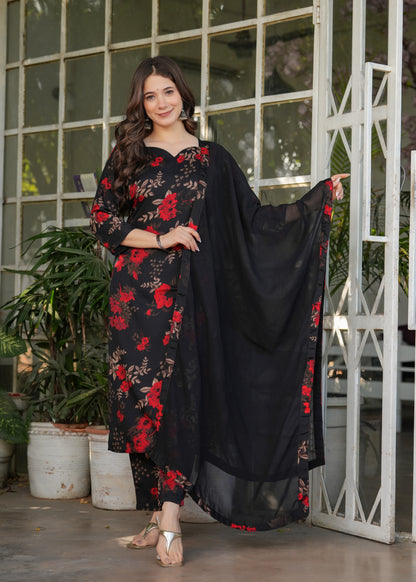 Black Floral Printed Silk Blend Salwar Suit for Women