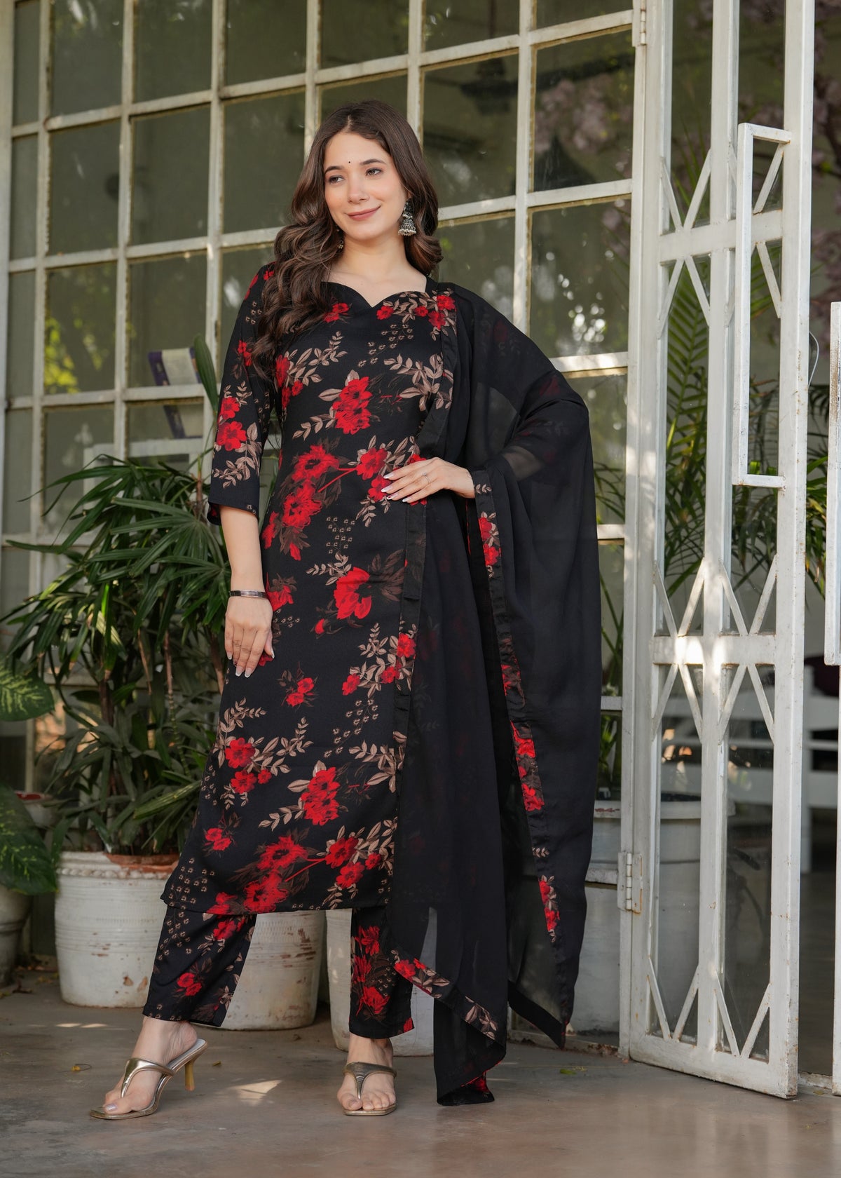 Black Floral Printed Silk Blend Salwar Suit for Women
