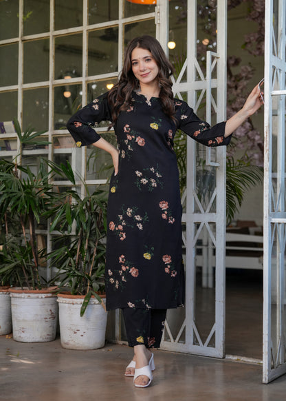 Black Floral Printed Silk Blend Salwar Suit with Nazmeen Dupatta