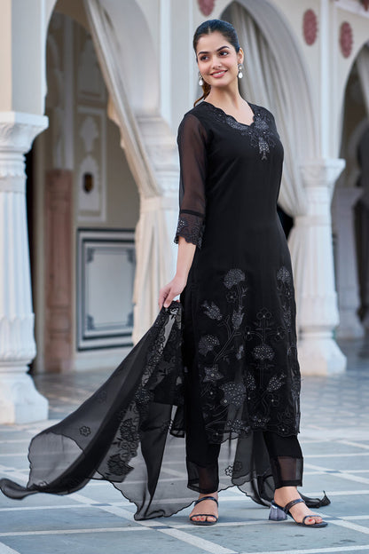 Elegant Black Georgette Kurta Pant Dupatta Set Women for Women