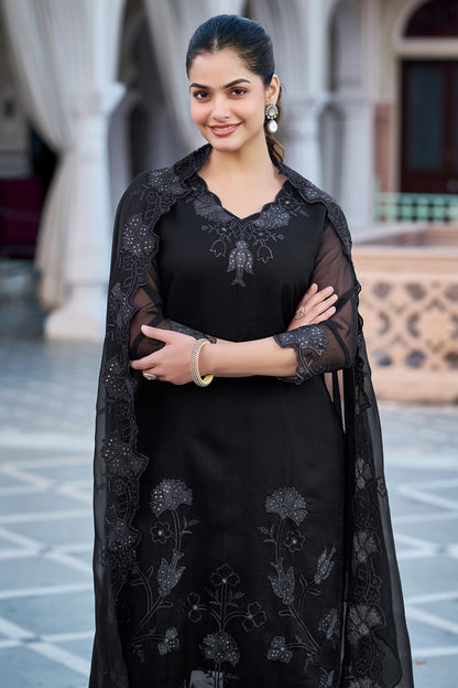 Elegant Black Georgette Kurta Pant Dupatta Set Women for Women