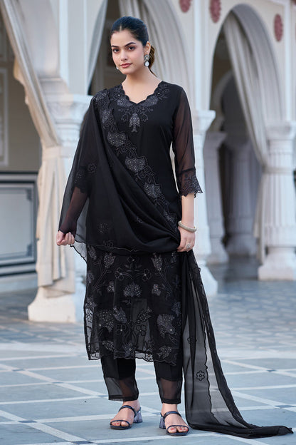Elegant Black Georgette Kurta Pant Dupatta Set Women for Women