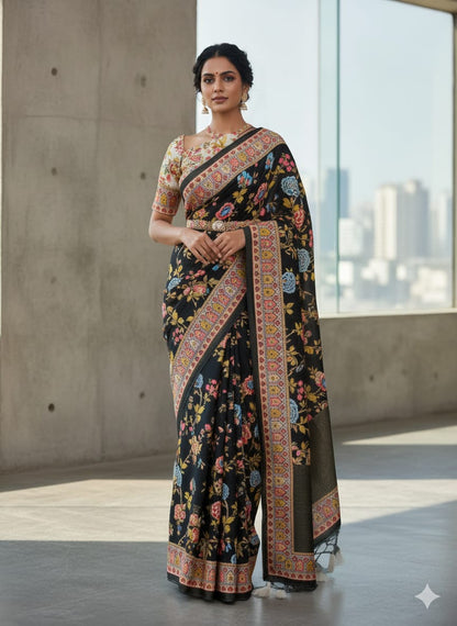 Black Floral Georgette Saree with Zari Border for Women