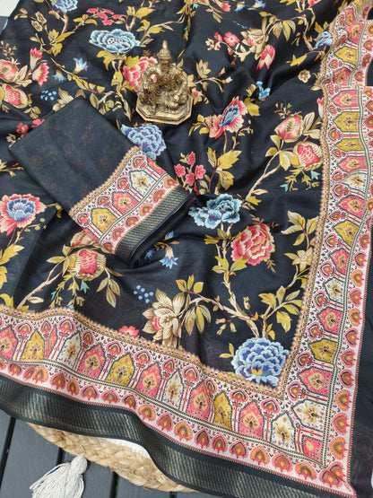Black Floral Georgette Saree with Zari Border for Women
