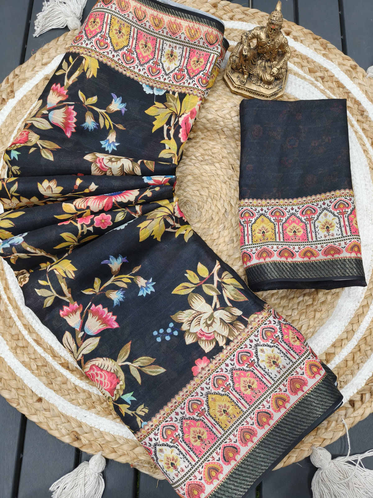 Black Floral Georgette Saree with Zari Border for Women