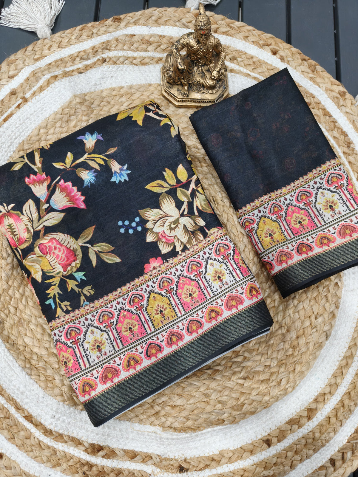 Black Floral Georgette Saree with Zari Border for Women