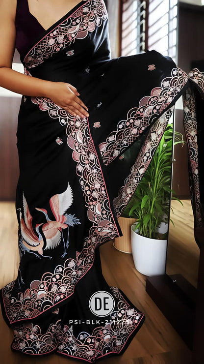Black Hans Chitrakala Printed Tussar Silk Saree for Women