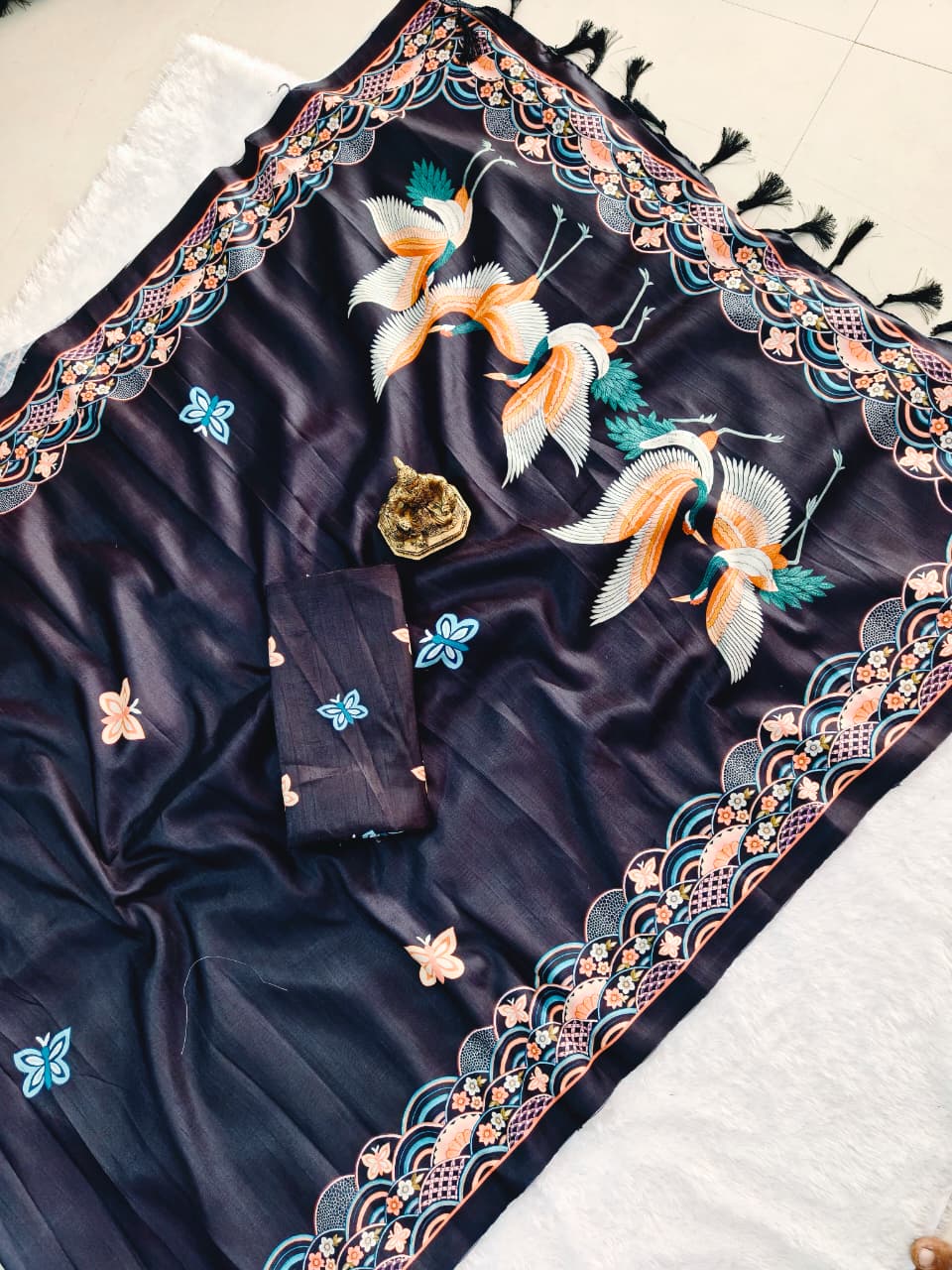 Black Hans Chitrakala Printed Tussar Silk Saree for Women