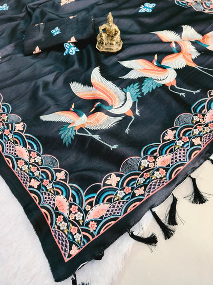 Black Hans Chitrakala Printed Tussar Silk Saree for Women