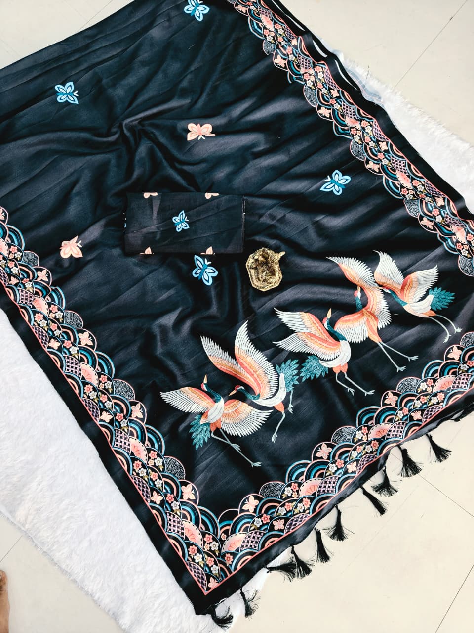Black Hans Chitrakala Printed Tussar Silk Saree for Women