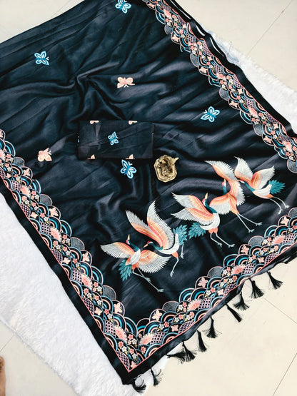 Black Hans Chitrakala Printed Tussar Silk Saree for Women