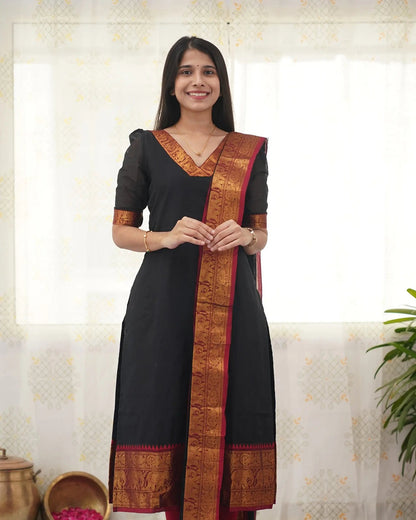 Black Heritage Weave Kurti Dupatta Set for Women