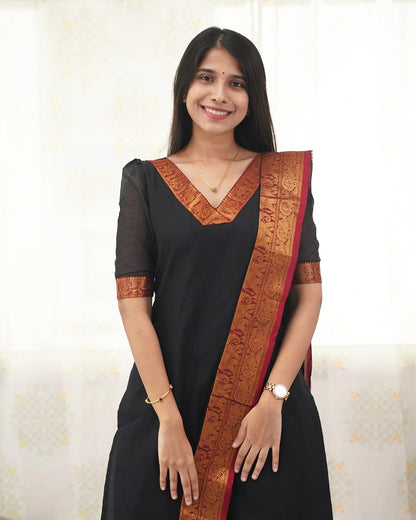 Black Heritage Weave Kurti Dupatta Set for Women