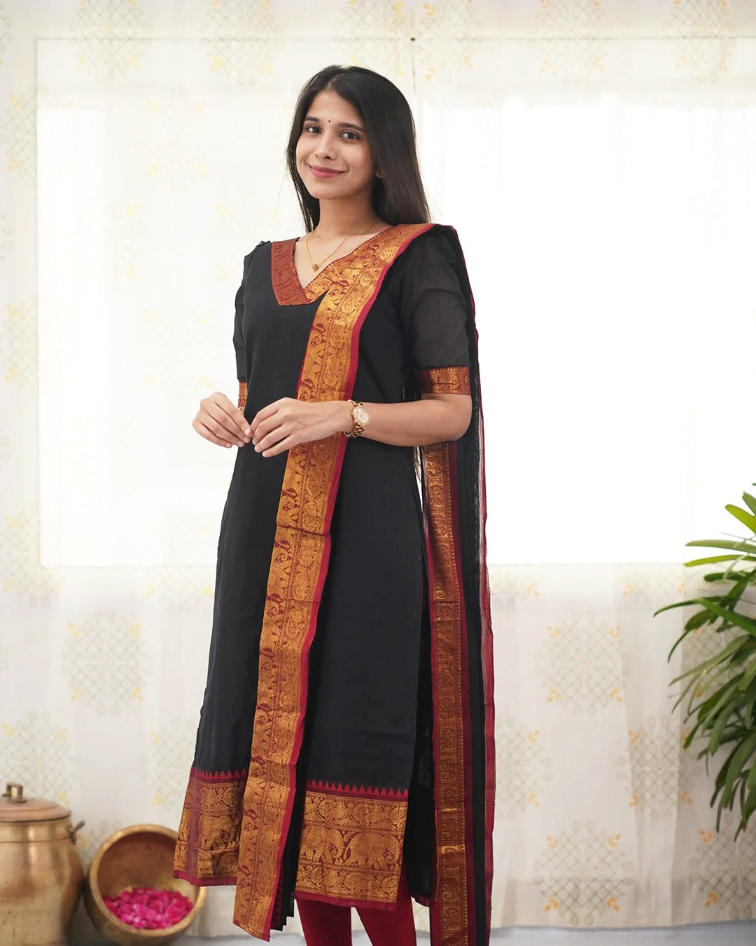 Black Heritage Weave Kurti Dupatta Set for Women
