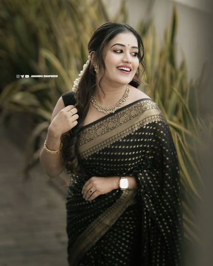 Black Gold Jacquard Lichi Silk Saree with Rich Pallu for Women