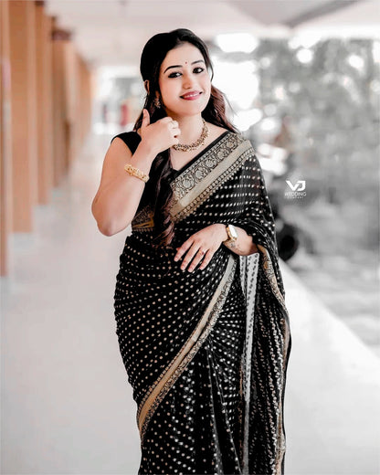 Black Gold Jacquard Lichi Silk Saree with Rich Pallu for Women