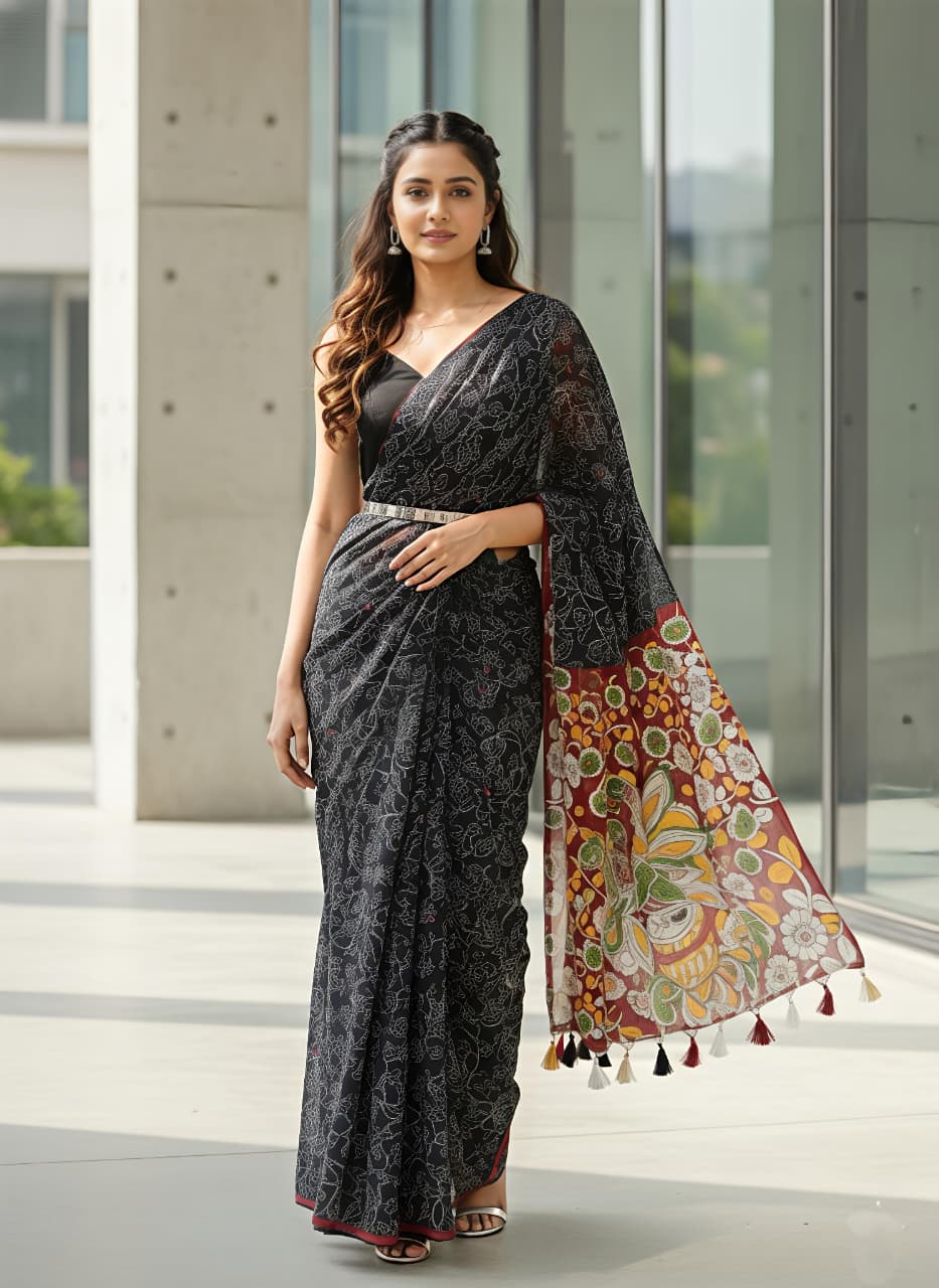 Black Kalamkari Mirror Work Linen Saree with Ethnic Digital Print