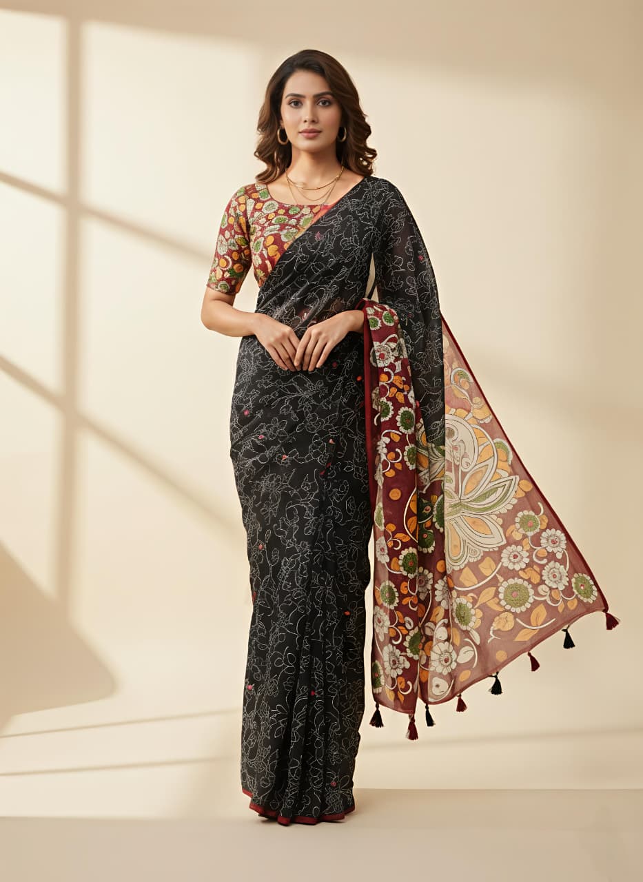 Black Kalamkari Mirror Work Linen Saree with Ethnic Digital Print