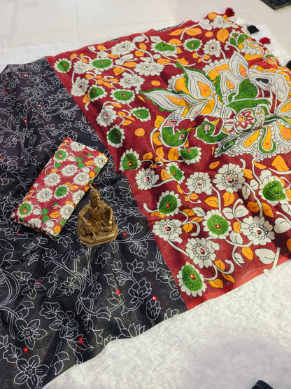 Black Kalamkari Mirror Work Linen Saree with Ethnic Digital Print