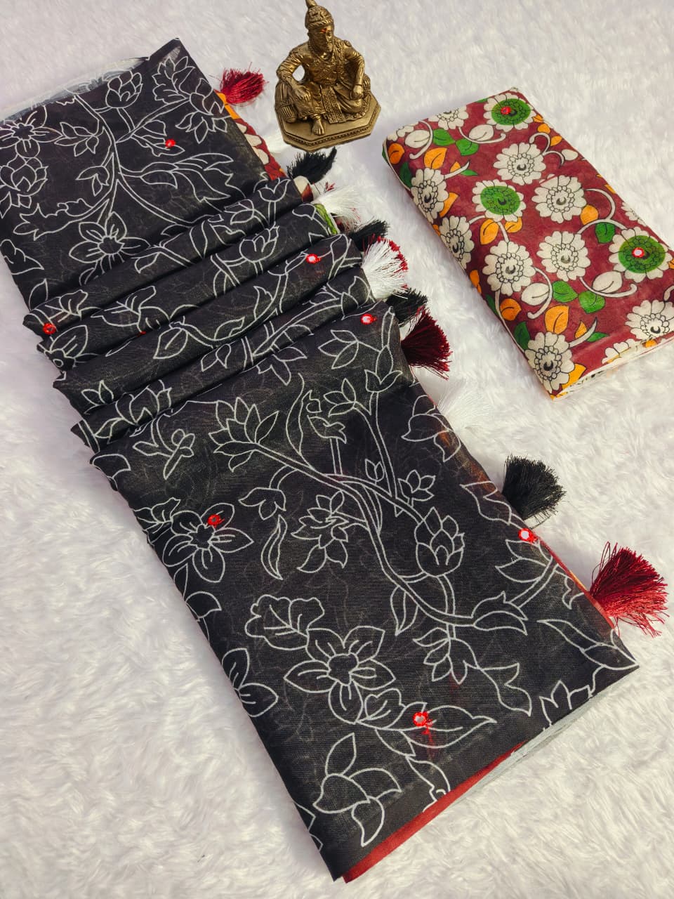 Black Kalamkari Mirror Work Linen Saree with Ethnic Digital Print