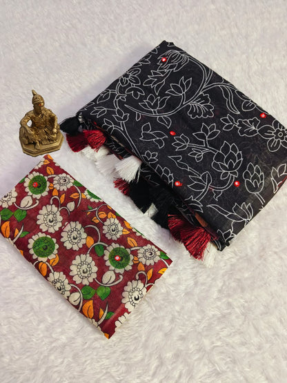 Black Kalamkari Mirror Work Linen Saree with Ethnic Digital Print