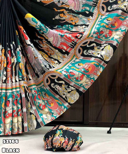 Black Traditional Kalamkari Print Silk Saree for Women
