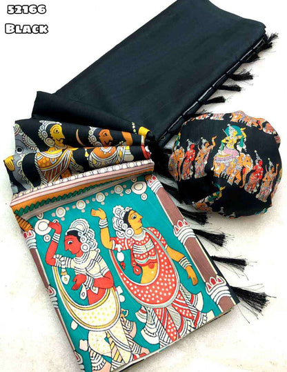 Black Traditional Kalamkari Print Silk Saree for Women