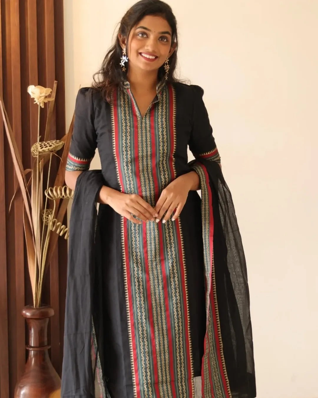 Black Kanchi Cotton Kurti Dupatta Set for Women