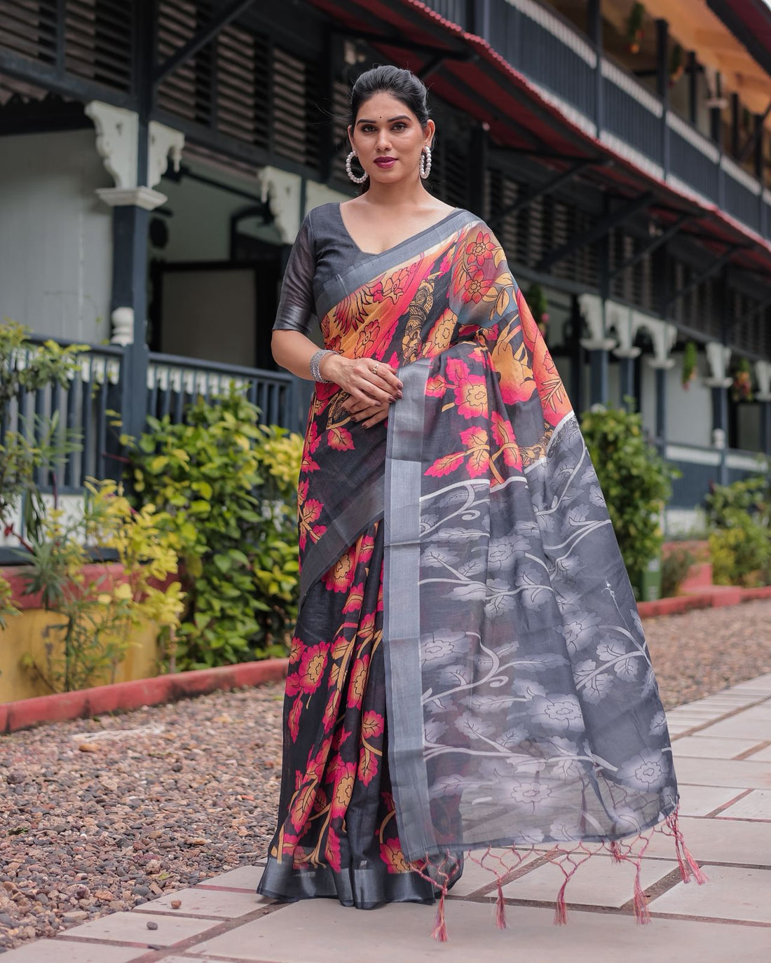 Black Floral Linen Saree with Artistic Prints for Women