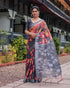 Black Floral Linen Saree with Artistic Prints for Women