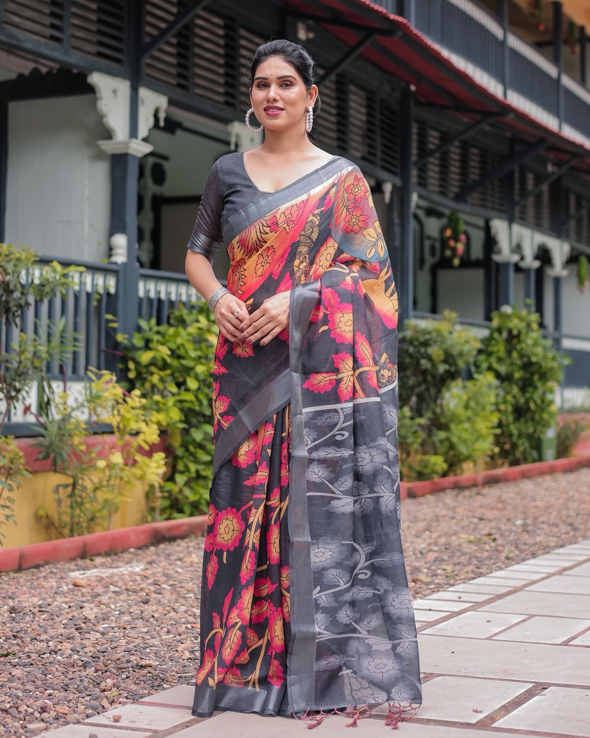 Black Floral Linen Saree with Artistic Prints for Women
