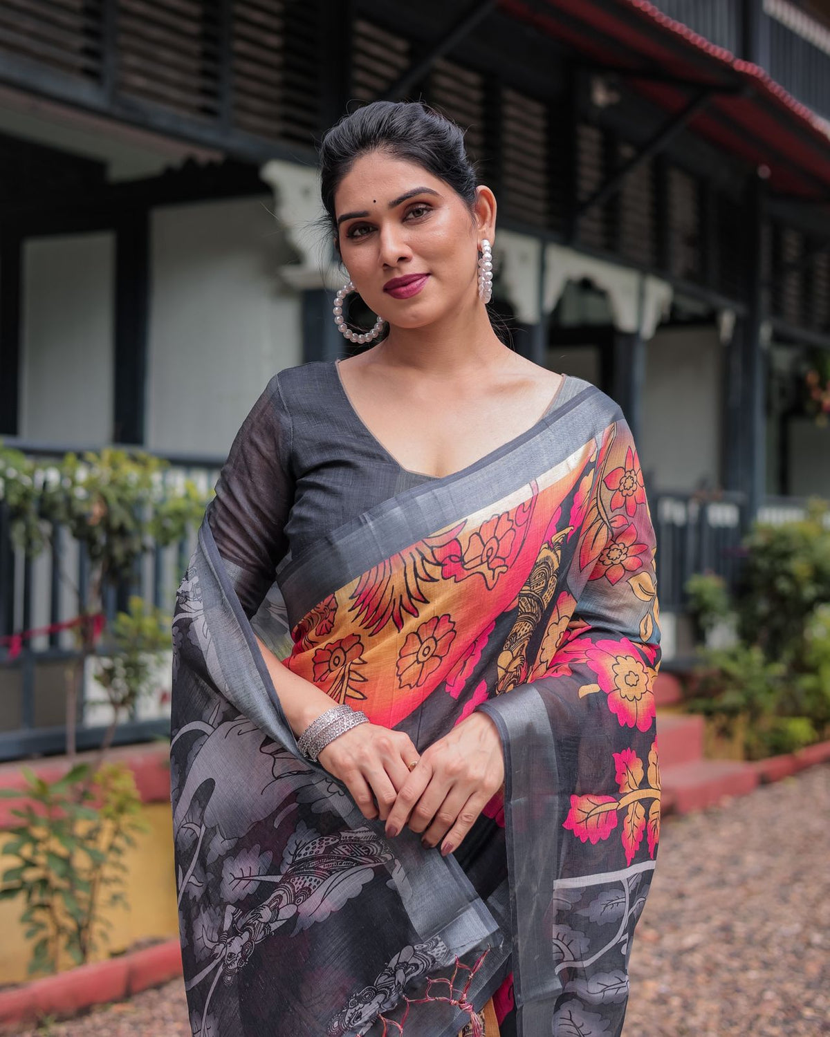Black Floral Linen Saree with Artistic Prints for Women