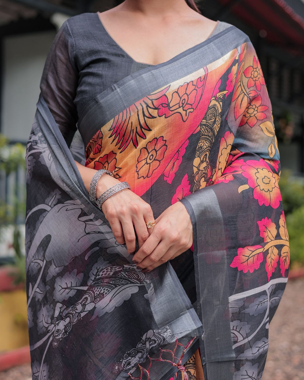 Black Floral Linen Saree with Artistic Prints for Women
