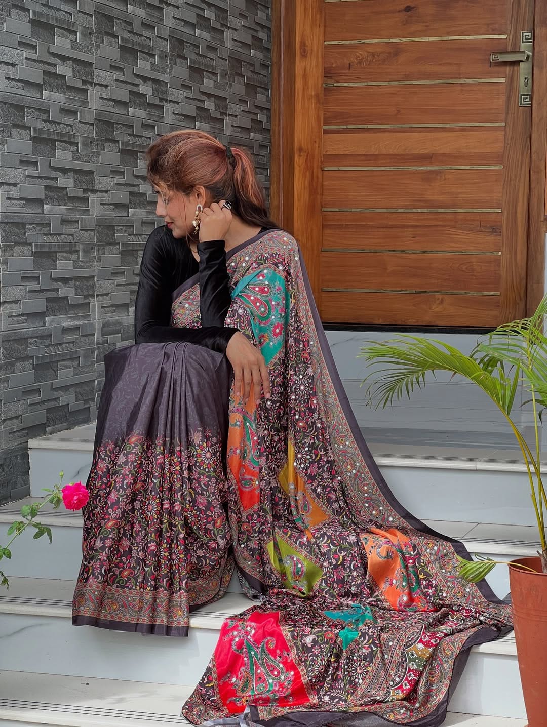 Black Ethnic Mirror Work Bandhej Silk Saree for Women