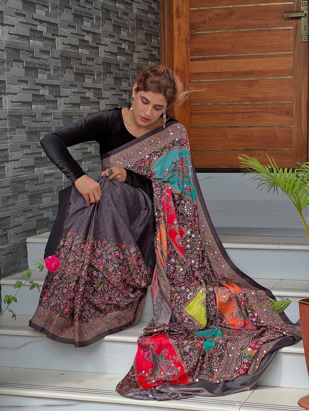 Black Ethnic Mirror Work Bandhej Silk Saree for Women