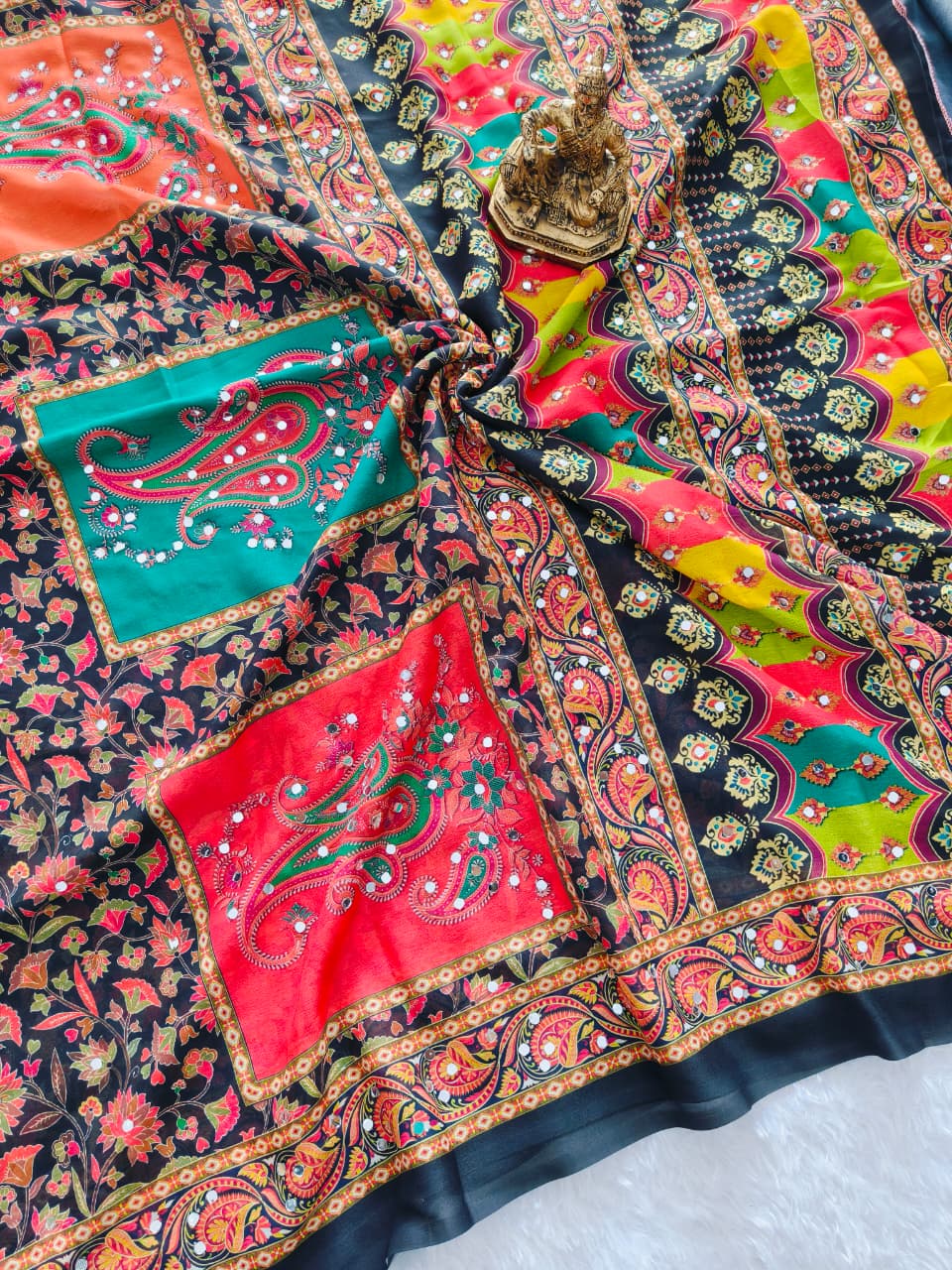 Black Ethnic Mirror Work Bandhej Silk Saree for Women
