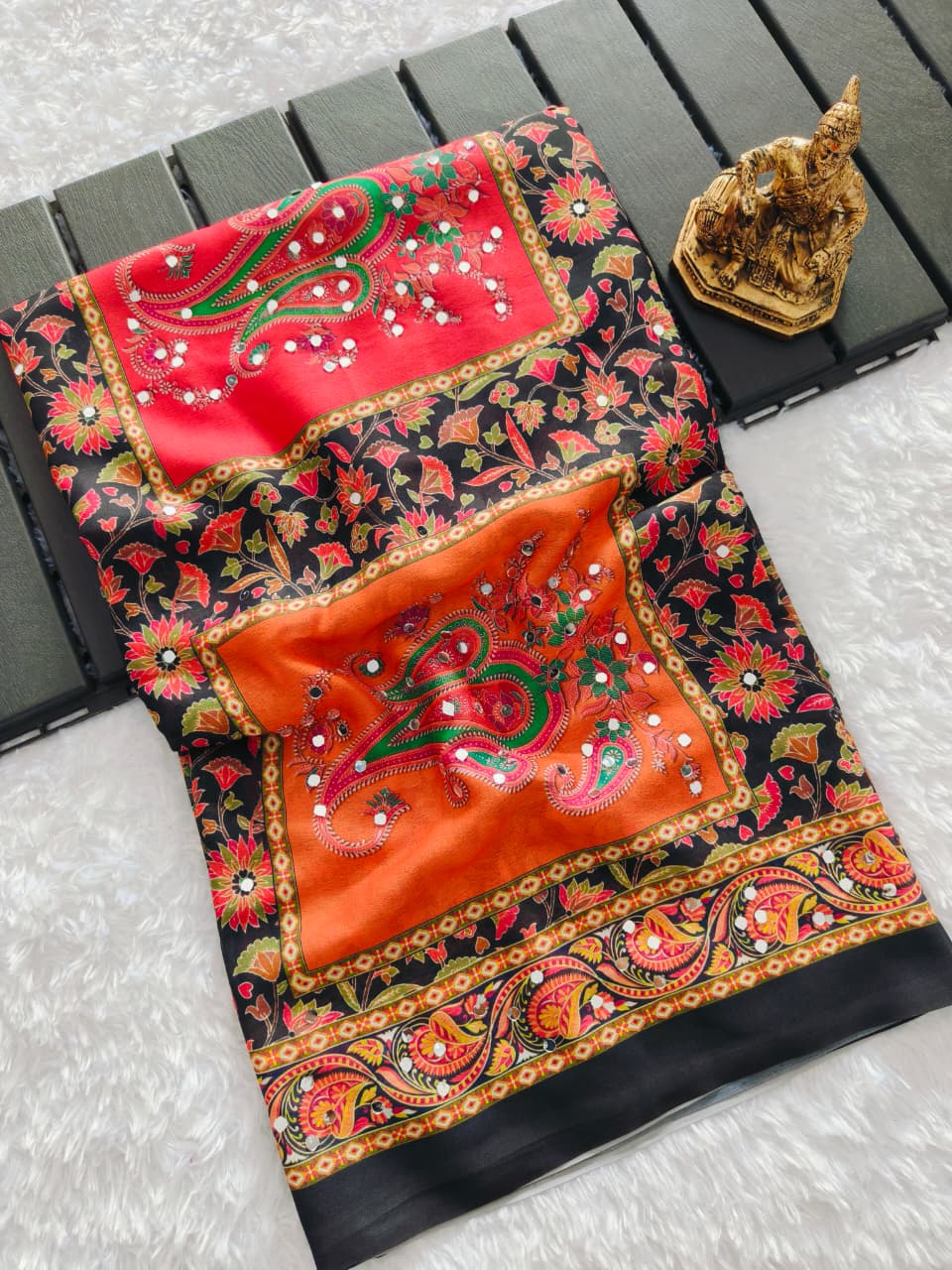 Black Ethnic Mirror Work Bandhej Silk Saree for Women