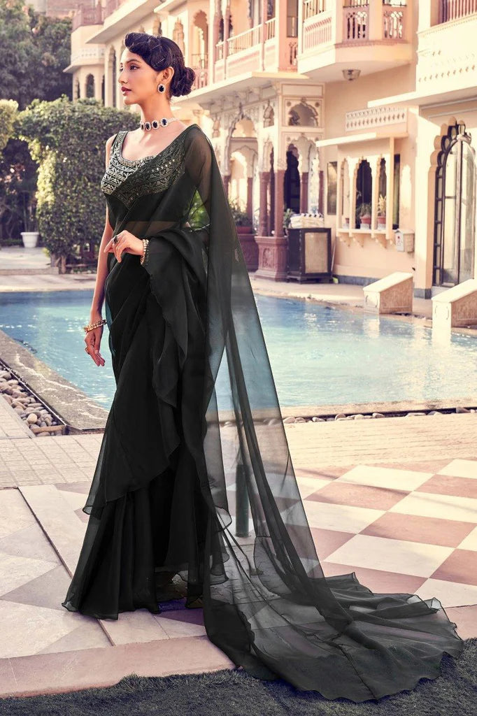 Black Organza Ruffle Saree with Mirror Work Blouse Piece for Women