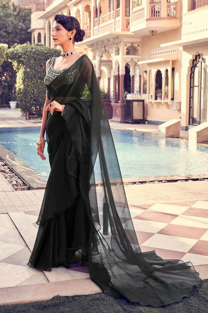 Black Organza Ruffle Saree with Mirror Work Blouse Piece for Women