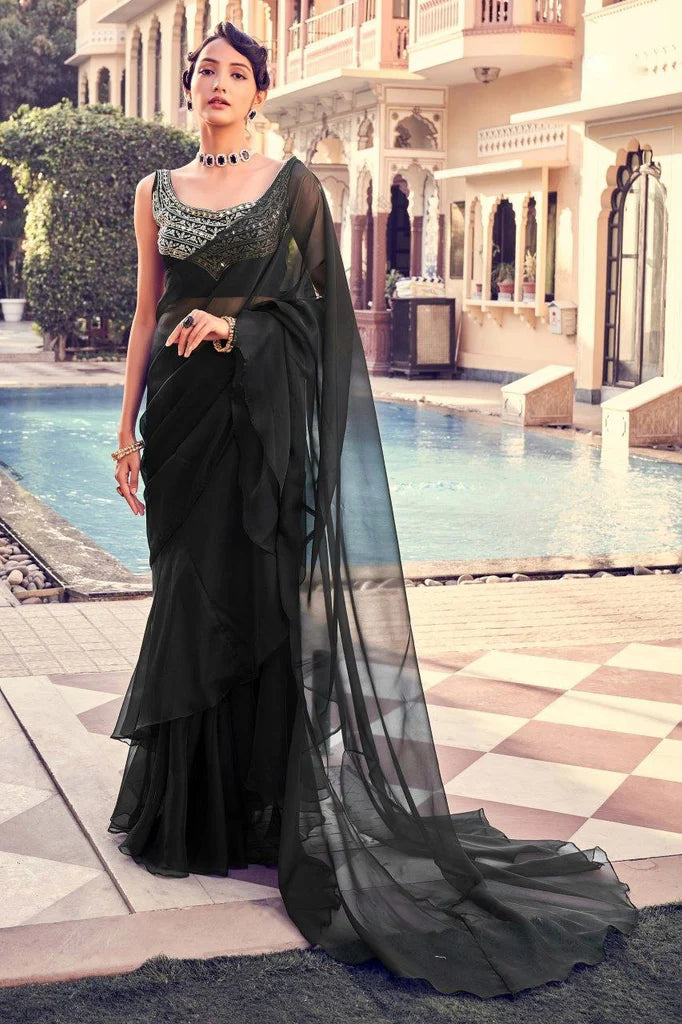 Black Organza Ruffle Saree with Mirror Work Blouse Piece for Women