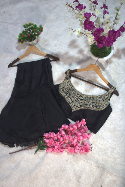 Black Organza Ruffle Saree with Mirror Work Blouse Piece for Women