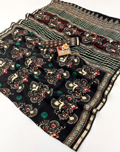 Black Heritage Peacock Digital Silk Saree for Women