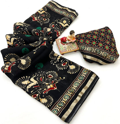 Black Heritage Peacock Digital Silk Saree for Women