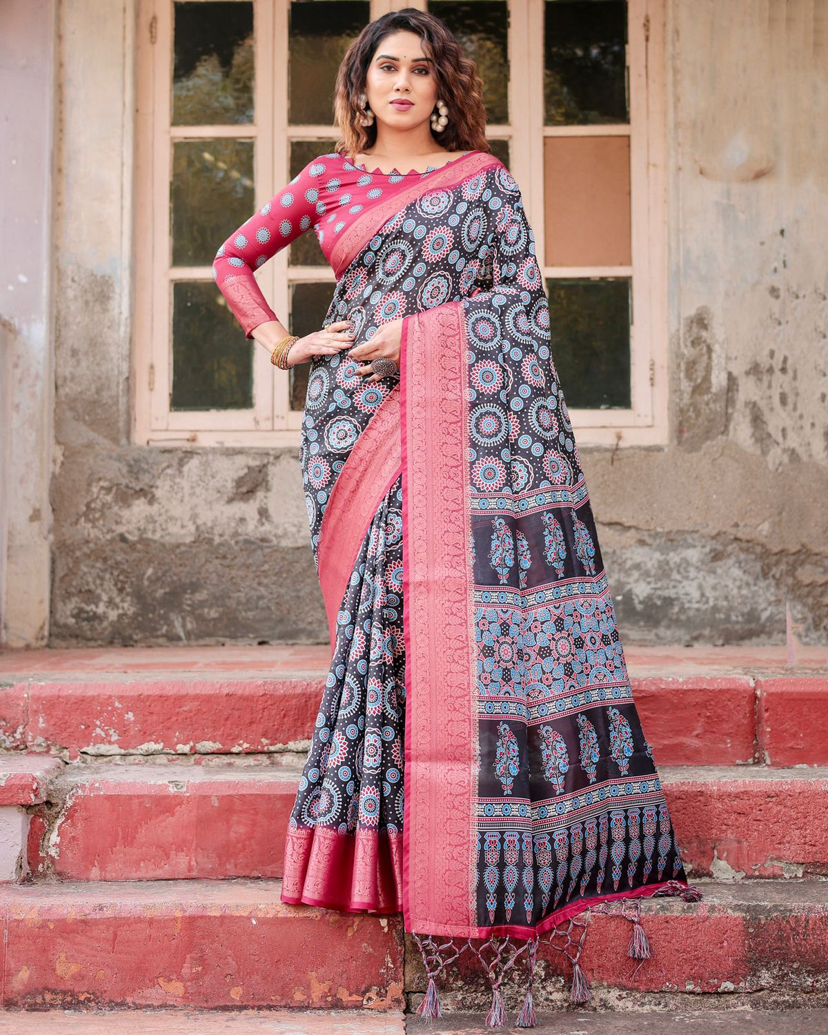 Black Pink Banarasi Silk Saree with Mandala Print for Women