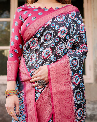 Black Pink Banarasi Silk Saree with Mandala Print for Women