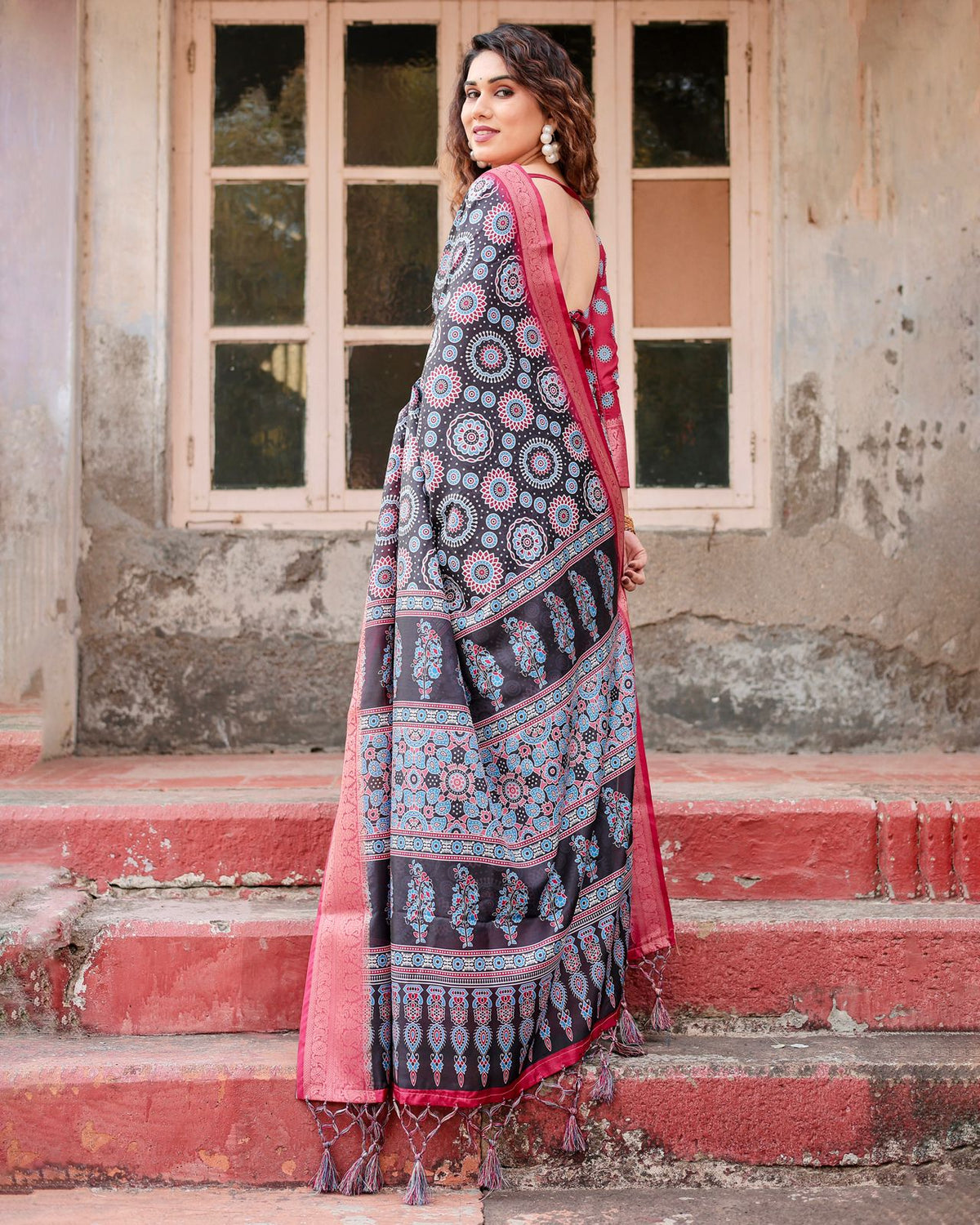 Black Pink Banarasi Silk Saree with Mandala Print for Women